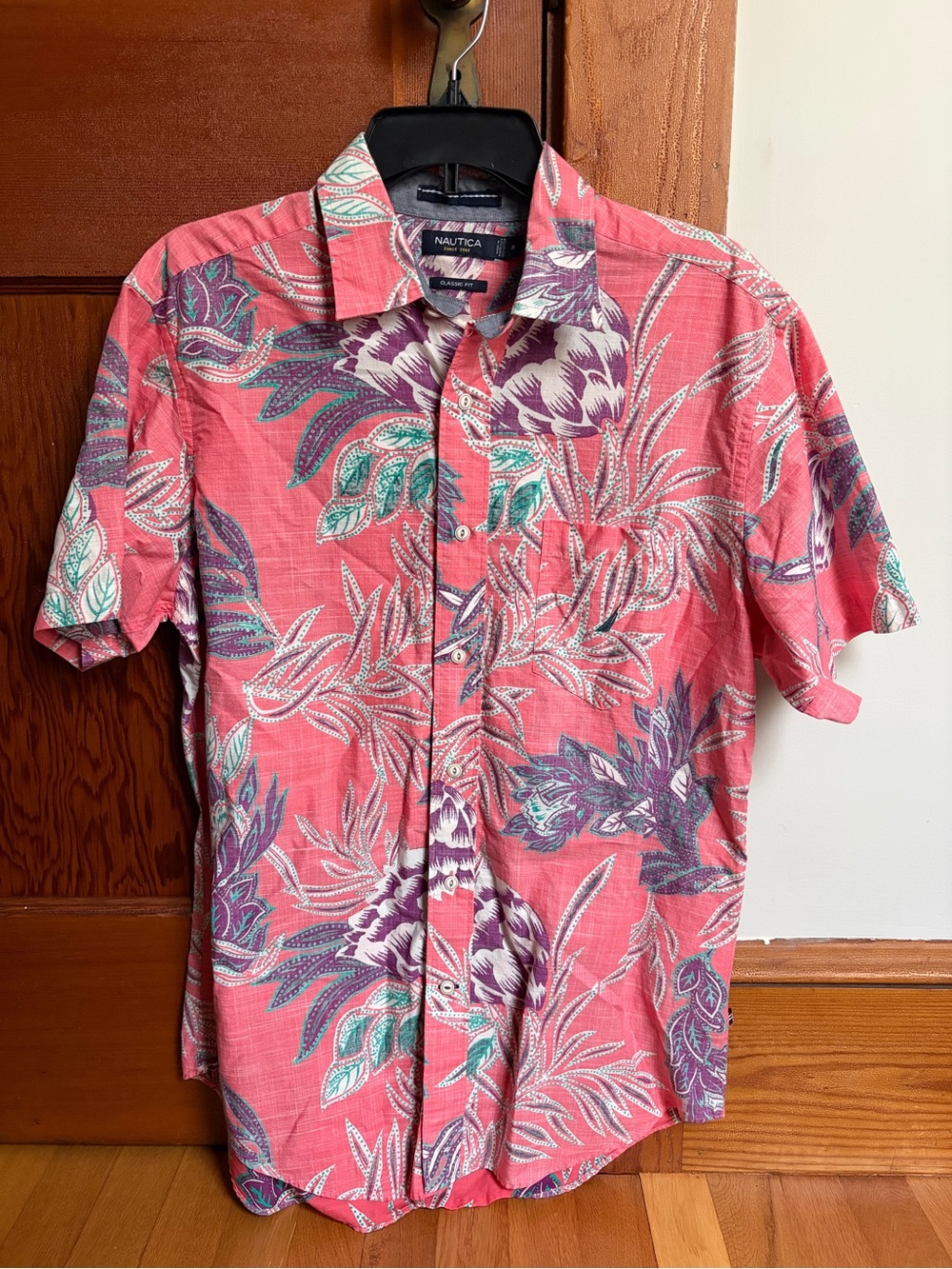 Nautica Coral Pink Tropical Floral Short-Sleeve Button-Down Shirt